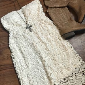 Ultra Pink Strapless Ivory Lace Dress Size Medium